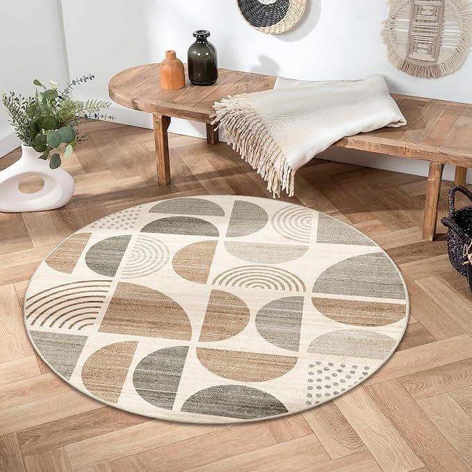 Round Rug 4ft Small Circle Area Rug Washable Non Slip Modern Abstract | Circular Rugs for Entryway Bedroom Kitchen Boho Throw Carpet Soft Low Pile Floor Indoor Bohemian Neutral Beige