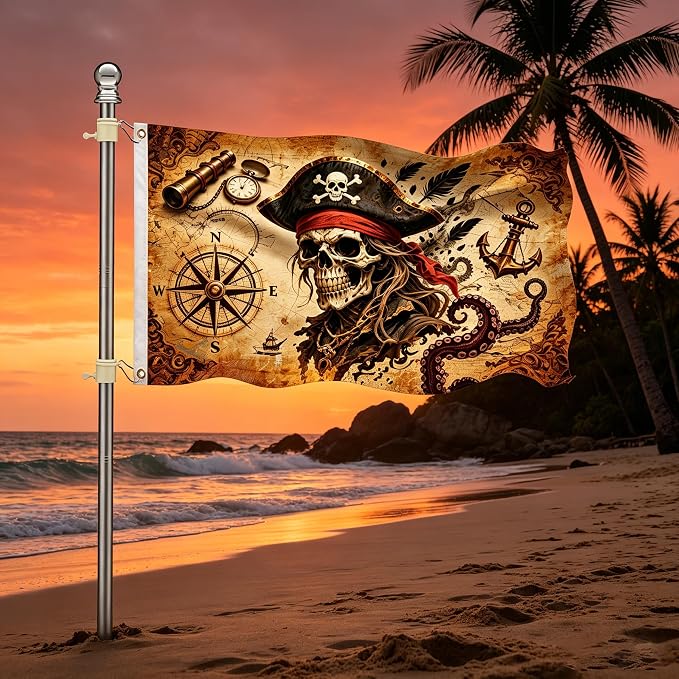 3x5ft Pirate Flag, Vintage Skull Pirate Flags for Outside, Double-Sided Printed Pirate Ship Decor Flag with 2 Grommets for Outdoor Yard, Party and Pirate Themed Decorations