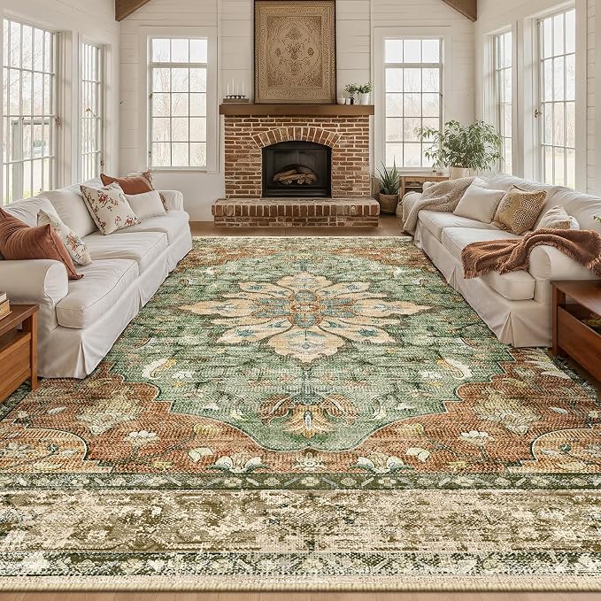 RELEANY Washable Area Rug, Large 9'x12', Brick/Brown/Green | Non-Slip, Water Repellent, Pet Friendly, Easy to Clean, Vintage Floral Boho Decor for Living Room Bedroom Dining Room