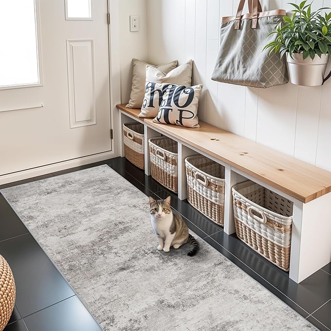 2x6 Washable Abstract Rug Runners: Hallway Non Slip Kitchen Runner Grey | Carpet Low Pile Soft Indoor Floor Mat Front Door for Bedroom Entryway Laundry