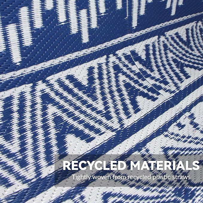 Outdoor Rug 8 x 10 ft, Reversible Plastic Straw Rug for Patio, Waterproof Large Outdoor Carpet for RV, Patio, Camping, Backyard, Deck, Picnic, Beach, Navy & White