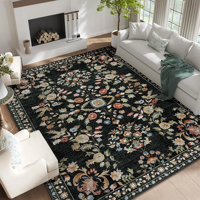 9x12 Area Rug Washable Floral Rug Non Slip Ultra-Thin Large | Machine Washable Throw Carpet for Living Room Bedroom Dining Room Floor Indoor Low Pile Boho Vintage Black