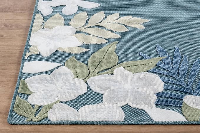 Outdoor Rug 10x14 Washable Area Rugs Indoor Outdoor Carpets Aqua Border Floral Non Shedding Waterproof Easy Clean Patio Deck Porch Living Room Bedroom Garden RV (10 X 14 Aqua)