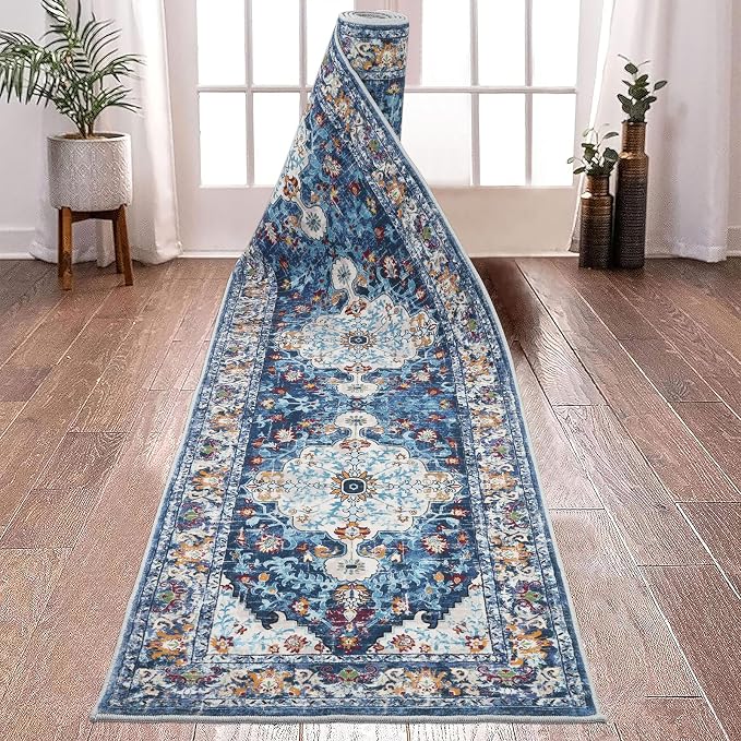 U'Artlines 2'x12' Boho Hallway Runner Rug Non Slip Washable Runners,Blue | Vintage Farmhouse Kitchen Rug Accent Area Carpet for Entryway Laundry and Living Room
