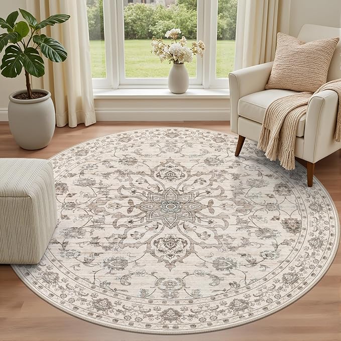 Round Area Rug for Living Room: 6ft Boho Washable Rug Brown Beige | Vintage Boho Soft Round Rug Indoor Floor No Slip Carpet Stain Resistant Rugs for Bedroom Dining Room Nursery Home Office
