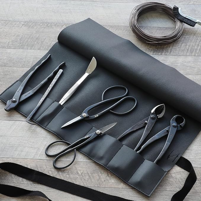 Wazakura Made in Japan Bonsai Tool Case in Polyurethane Leather, Japanese Garden Tool Kit Roll Storage Bag - Black PU Leather