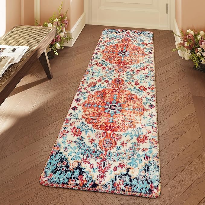 Lahome Reine Floral Washable Kitchen Runner Rug, 2x6 Hallway Entryway Runner Rug, Oriental Medallion Non-Slip Mat, Bohemian Low-Pile Floor Carpet Runners for Bathroom Laundry Bedside, Orange