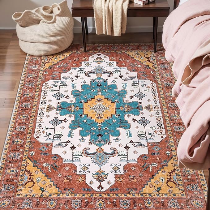 SERISSA 3x5 Washable Non Slip Boho Area Rug for Bedroom，Orange | Ultra Soft Vintage Oriental Carpet Low-Pile Distressed Tribal Throw Rug Carpet for Living Room Nursery Kitchen Dorm Decor
