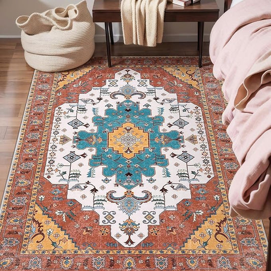 SERISSA 3x5 Washable Non Slip Boho Area Rug for Bedroom，Orange | Ultra Soft Vintage Oriental Carpet Low-Pile Distressed Tribal Throw Rug Carpet for Living Room Nursery Kitchen Dorm Decor