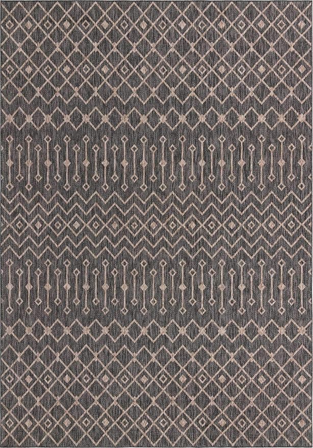 Unique Loom Outdoor Trellis Collection Area Rug - Tribal Trellis (10' x 14' 1" Rectangle, Charcoal Gray/ Natural)