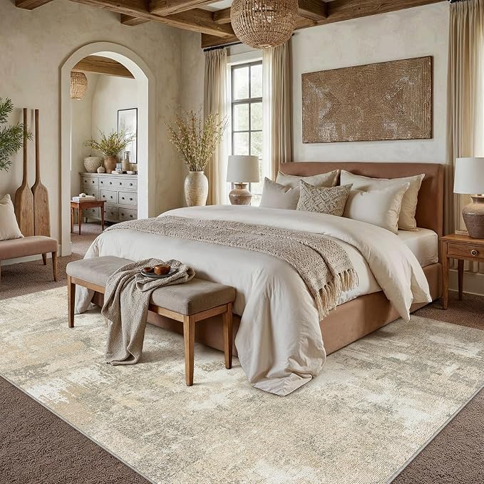 6x9 Beige Grey Modern Abstract Washable Area Rug for Living Room | Low Pile, Non Slip, Modern Abstract Style, Soft Indoor Rug for Living Room, Bedroom, Dining Room, Office, Home Decor