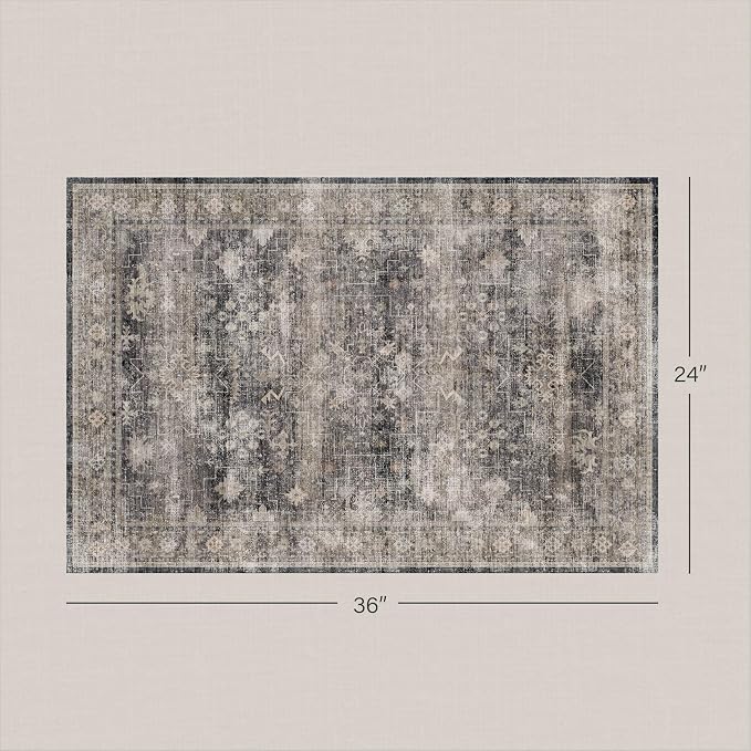 Washable Entryway Rug 2x3 - Low Pile Non-Slip Front Door Mat, Charcoal and Cream Stain Resistant Distressed Geometric Throw Carpet for Kitchen, Bathroom, Modern Boho Decor