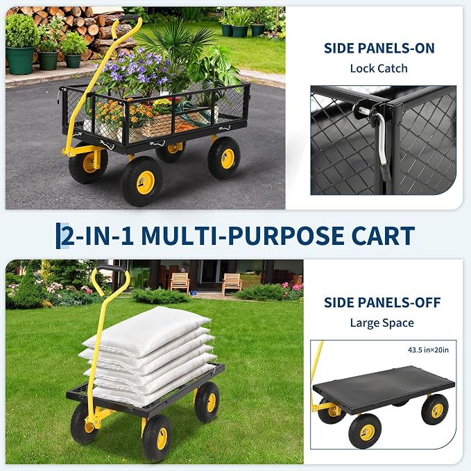 Garvee 900 LB Garden Cart, Heavy Duty Metal Utility Garden Wagon, Black | 13 in All Terrain Tires, 4-in-1 Yard Wagon Cart with Removable Side Panels for Outdoor Lawn, Yard, Backyard