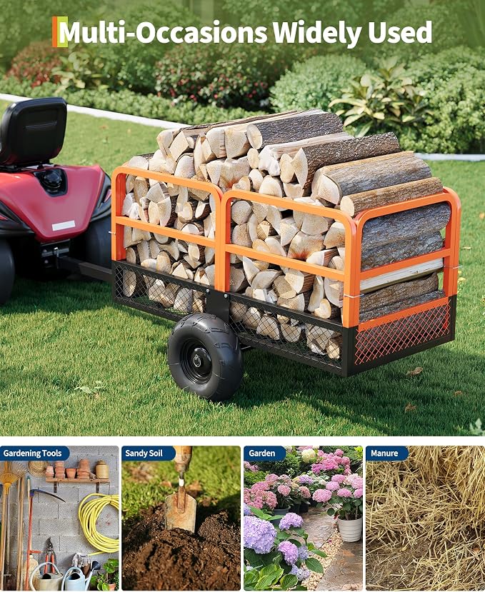 GarveeLife ATV UTV Trailer Tow Behind Dump Cart 22 Cu.ft 1600Lbs Steel, Heavy Duty Pull Behind Utility Dump Trailer for Lawn Mower Trailer Tractor Garden Yard with Removable Rear Panel