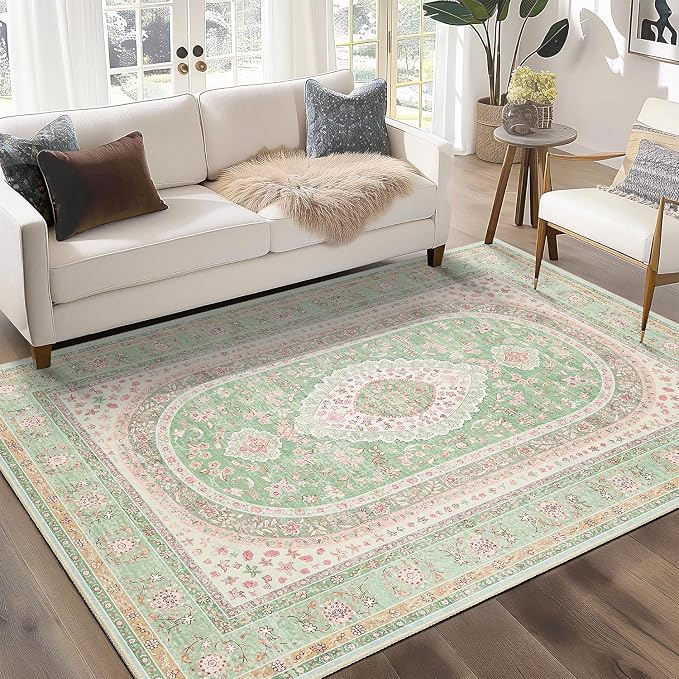 Green Rug 3x5,Washable Area Rugs for Bedroom Living Room Entryway | Small Boho Vintage Bohemian Distressed Oriental Non Slip Carpet,Sage Blush Floral