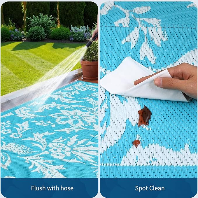 IDEALHOUSE Waterproof Outdoor Rug 8x10 for Patio, Foldable Reversible Area Rug, Large Plastic Straw Mat for Camping, RV, Porch, Backyard, Picnic, Beach, Light Blue & White