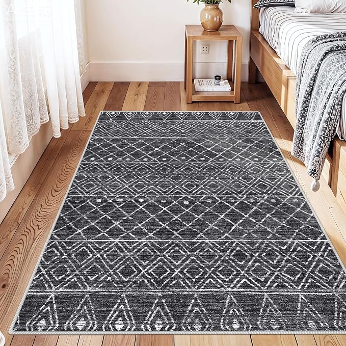 3x4 Black Non Slip Moroccan Rug: Washable Modern Geometric Area Rug | Soft Stain-resistant Mat ,Easy Maintenance, Ideal for Entryway, Living Room, Bedroom , Dining room, Great for Homes with Pets
