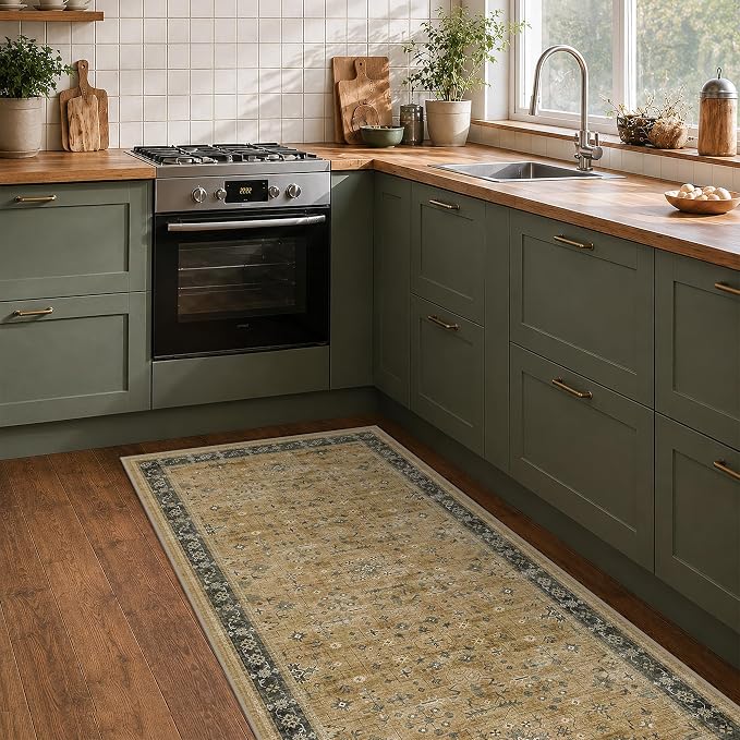 Washable 3x6 Large Mudroom Area Rug, Bohemian Kitchen Floor Rug, Non-Slip & Stain Resistant, Vintage Rustic Brown and Charcoal Olive Farmhouse Floral Décor