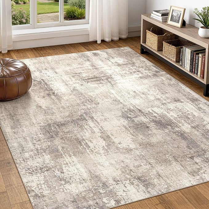 DMOYEST 5x7 Area Rug for Living Room Washable Abstract Indoor Carpet | Neutral Modern Low Pile Rugs Kid & Pet Friendly Soft Thin Carpet for Bedroom Dining Room and Office - Pale Brown