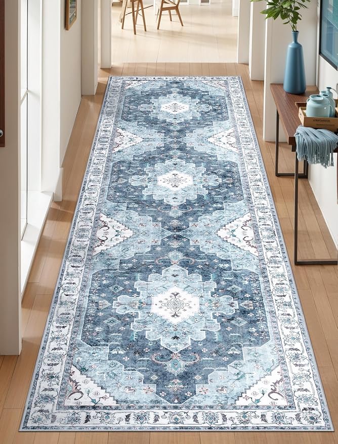 SERISSA 2'6"x8' Washable Non Slip Boho Runner Rug for Hallway | Ultra Soft Vintage Oriental Carpet Low-Pile Distressed Blue Floor Carpet for Kitchen Bedroom Bathroom Laundry Room
