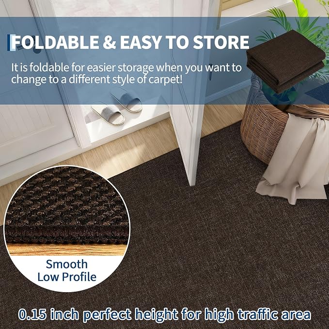 Garvee Large Washable Rug 9x12 Modern Solid Rugs for Living Room Brown | Non Slip Woven Textured Bedroom Rug Ultra-Thin Non-Shedding Farmhouse Carpet Neutral Foldable Throw Rugs for Bedroom Office