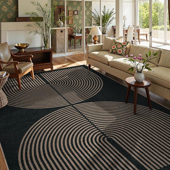 Lahome Modern Rainbow Easy Jute Rug, Washable Rugs 8x10 for Living Room | Indoor Outdoor Patio Farmhouse Large Carpet, Contemporary Non Slip Black Carpet for Bedroom Backyard Decor