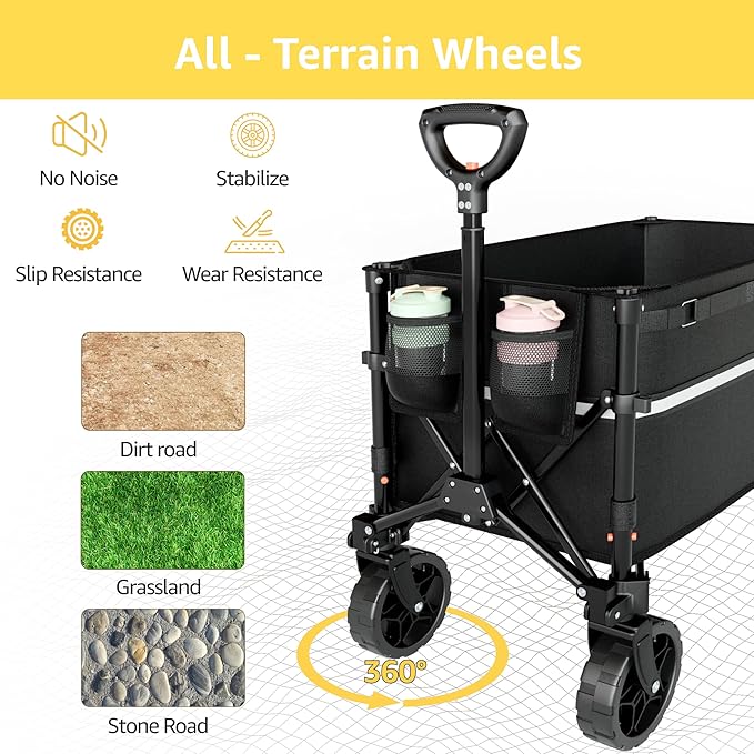 ROSONG Collapsible Wagon Cart with Wheels Foldable - Folding Utility Heavy Duty Wagons Carts for Grocery Sports Garden Shopping Camping Wheelbarrows (Black, 120L)
