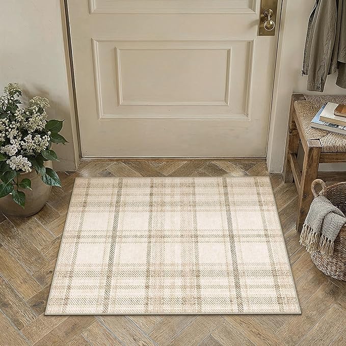 2x3 Beige Plaid Entryway Area Rug | Washable, Low Pile, Modern, Neutral, Soft, Non Slip, Small Carpet for Entrance Bathroom Bedroom Indoor Home Decor