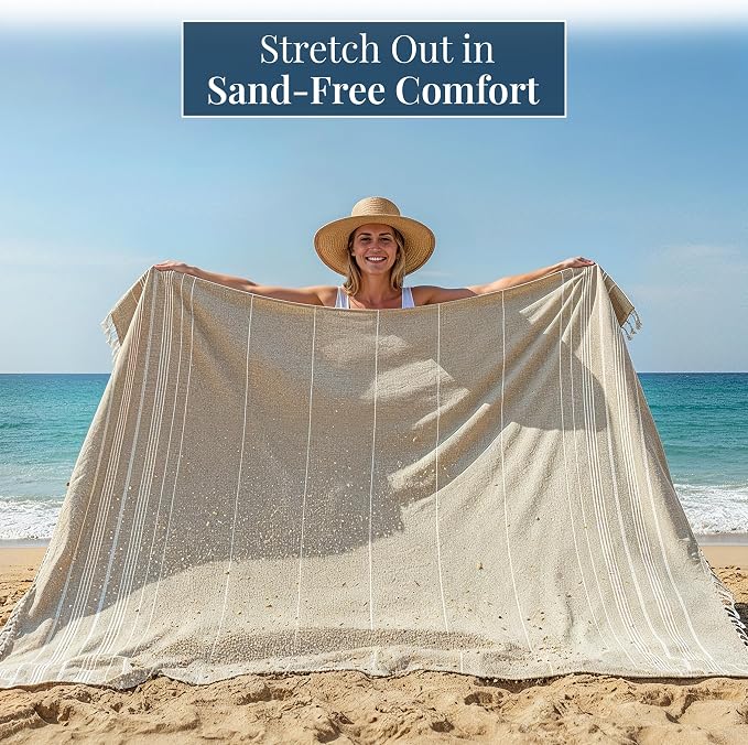 LANE LINEN Picnic Blankets - Turkish Beach Blanket Sandproof with Lightweight Quick Dry Design, 82"x82", Beach Summer Vacation Essentials for Relaxing, Park Outings or Yoga Mat – Beige