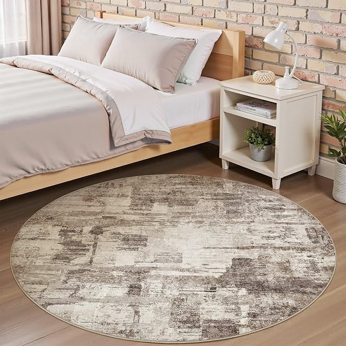 kakania Abstract 6x6 Round Rugs for Living Room: Circle Rugs 6FT Brown | Washable, Soft, Non-Slip, Low-Pile, Pet & Kid Friendly - Modern Home Decor Carpet for Bedroom/Dining Room/Nursery
