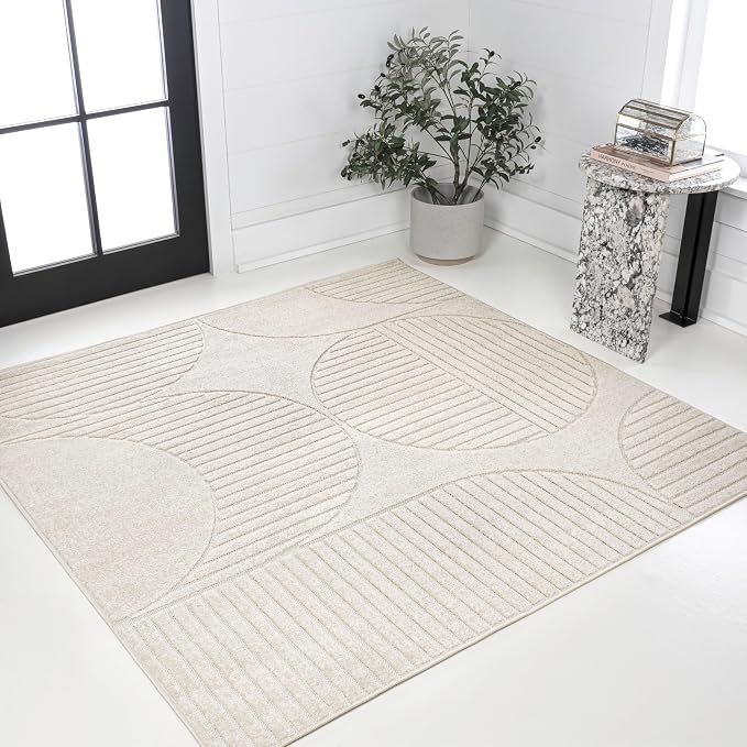 JONATHAN Y Nordby High-Low Arch Striped Ivory/Cream 7x7 Square Indoor/Outdoor Area Rug, Pet Friendly, Non-Shedding, Stain Resistant, Easy-Cleaning for Backyard, Patio (SCN104B-7SQ)