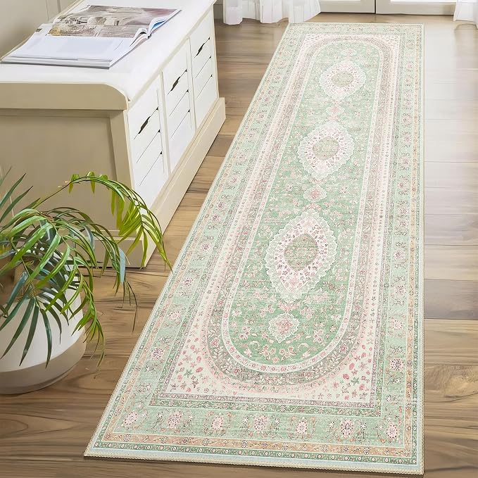 Washable Runner Rug 2x8,Long Boho Green Rug Runners for Hallways | Non Slip Rugs for Bedroom Entryway Living Room Bathroom,Vintage Bohemian Distressed Oriental Floor Carpet,Sage Blush Floral