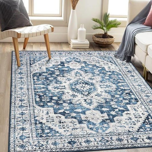 Moynesa Ultra-Thin Washable Area Rug - 5x7 Blue Rugs for Living Room Washable Rugs for Bedroom Soft Dining Room Mat, Vintage Printed Low Pile Indoor Carpet for Office Sunroom Playroom