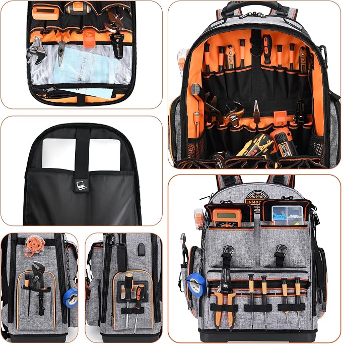 Tool Backpack Heavy Duty – LOKASS Tool Backpack with Molded Base, 1680D Tool Organizer with Laptop Compartment & Combination Lock, Water-Resistant Electrician & HVAC Tool Bag, Stands Upright