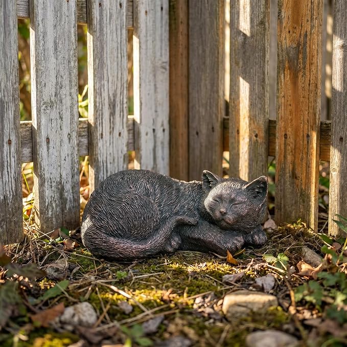 Sleeping Cat Statue Outdoor Garden, Bronze Patina Resin Sculpture, Cat Statues Indoor Outdoor Decor for Garden Patio Yard Lawn, Unique Pet Memorial Ornament, Thoughtful Keepsake Gift for Cat Lovers