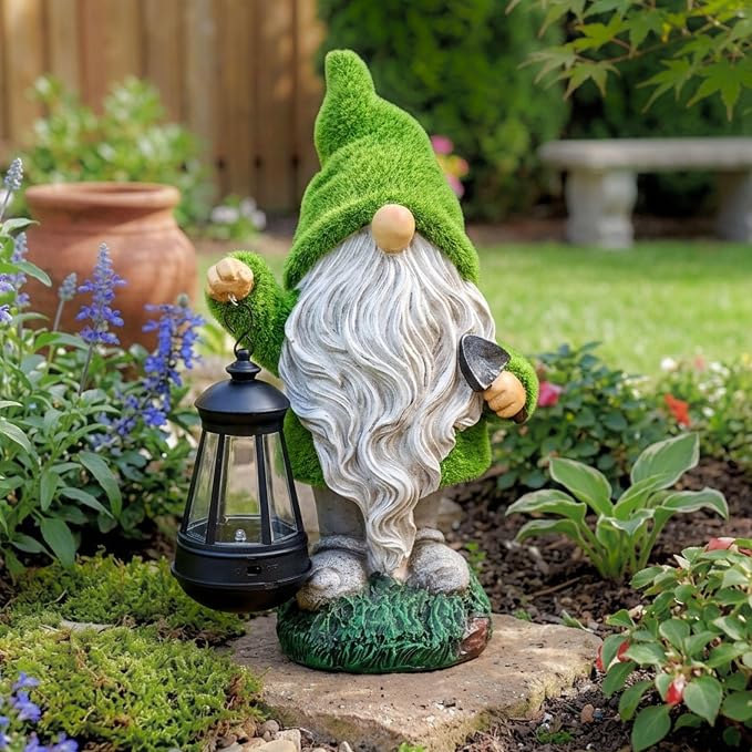 TERESA'S COLLECTIONS Garden Gnomes Outdoor, Green Resin Solar Gnome Decorations for Yard Patio Porch Outside, Gnome Gifts for Mom and Women,12"