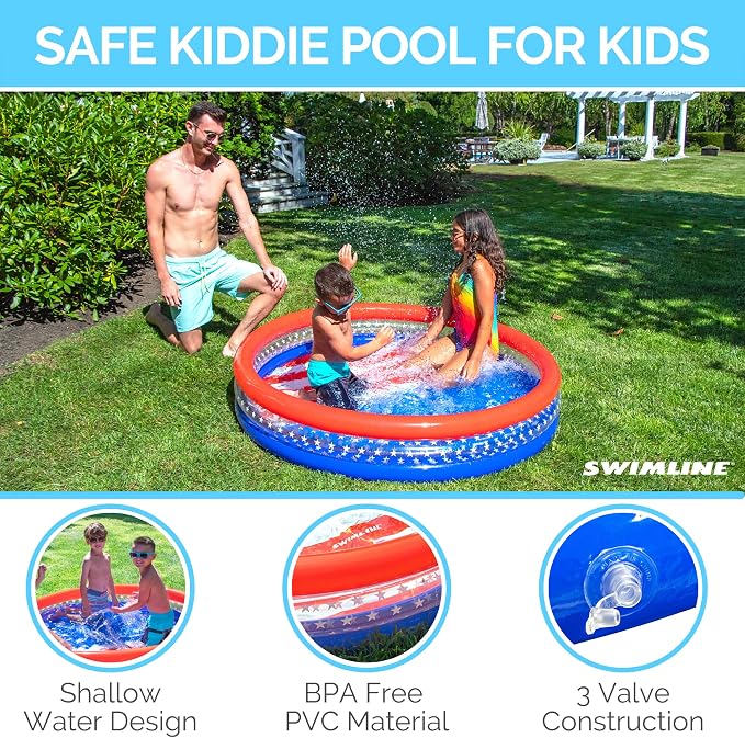 SWIMLINE | Backyard Water Toy | 60" | 3-Ring Kiddie Pool | Americana | Use it indoors or out as a wading pool, ball pit, or sand pit; 60 x 12 in; red, white, and blue print