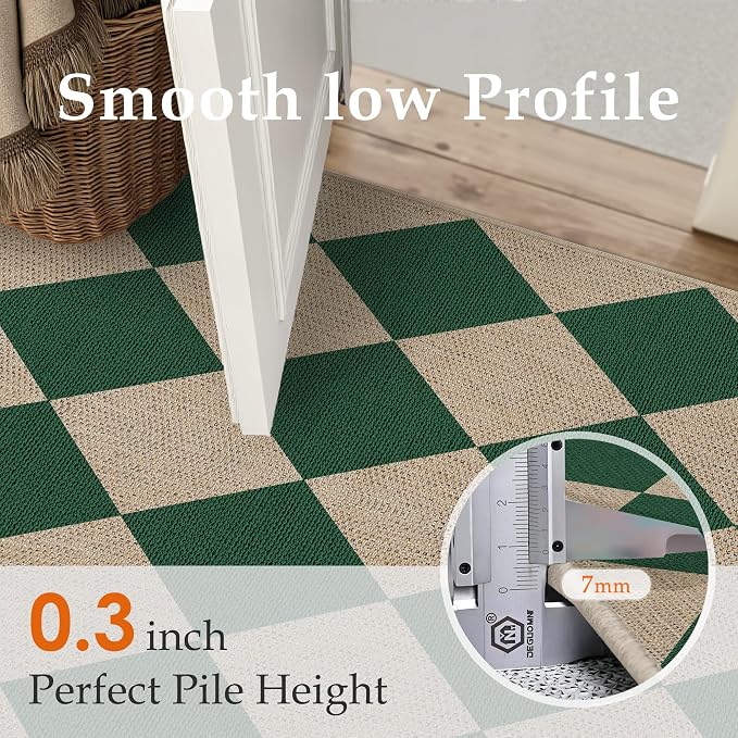 PureCozy 2x8 Checkered Easy Jute Runner Rug Non Slip Hallway Kitchen Washable Outdoor Rug for Entryway Indoor Checkerboard Green Long Indoor Outdoor Carpet for Bedside Entry Front Door Porch