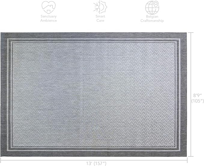 Gertmenian Indoor/Outdoor Flatweave Area Rug - 9x13 Extra Large, Stain & UV Resistant, Ideal For Deck, Patio, Poolside, Mudroom - Simple Border, Silver Grey, 21978