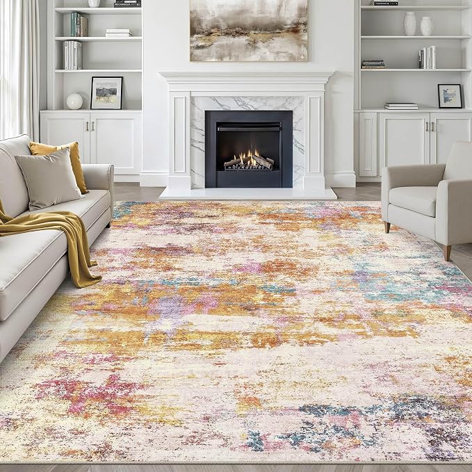 LOONGRUG 7x9 Area Rug Washable Neutral Modern Living Room Rug Multi Gold | Abstract Soft Stain Resistant Indoor Non-Slip Carpet for Bedroom Nursery Kids Office Playroom Dining Room