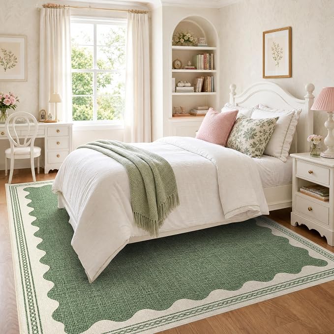 GarveeHome Scalloped Sage Green Washable Rugs 10x13 Rug for Living Room Non-Slip Solid Modern Minimalism 10 x 13 Rug Low-Pile Carpet for Bedroom Dining Nursery Mat with Rubber Back