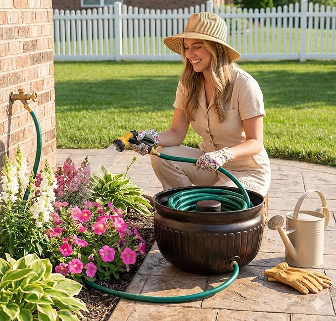 BIRDROCK HOME Water Hose Holder - Decorative Metal Pot, Indoor or Outdoor, Garden Storage Organizer, Patio Portable Bucket - Distressed Bronze, Holds up to 100ft Hoses, Medium No Lid