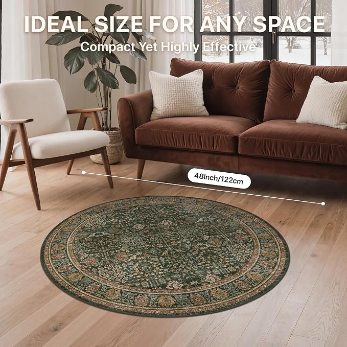 4ft Round Area Rug 4x4, Washable Non Slip, Dark Green Brown | Vintage Floral, Spill Resistant, Lightweight Low Pile Non-Shedding Carpet for Bedroom, Nursery and Kitchen