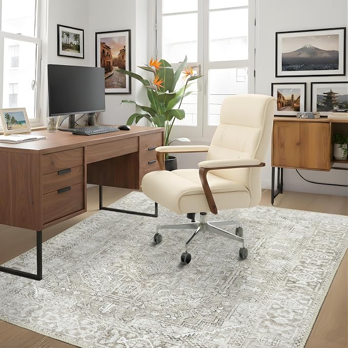 Sacred Artisans Farmhouse 5x7 Area Rug for Living Room, Dining Room and Office | Washable, Non Slip, Pet Friendly and Low Pile (Stone, 5' x 7')
