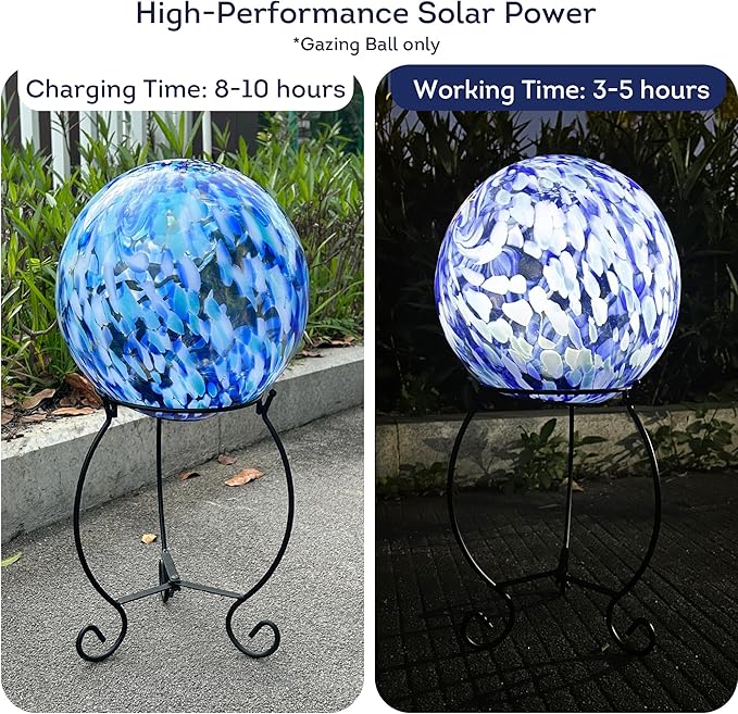 Lily's Home Gazing Ball - 10" Glass Globe with Solar Powered Lights - Outdoor Solar Lights for Yard & Patio - Garden Decor - Automatic On/Off Photosensitive Switch - Blue