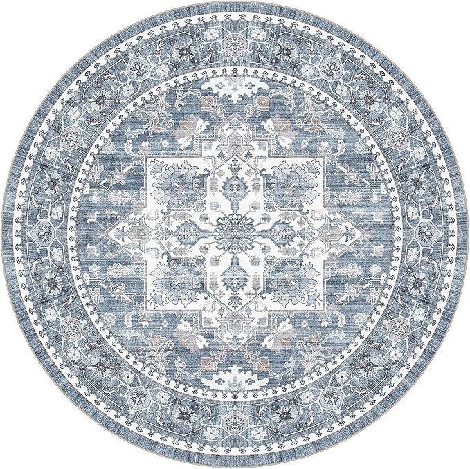 Washable Area Rug-8X8 Vintage Neutral Soft Blue | Non Slip Thin Foldable Large Floor Carpet for Living Room Bedroom Kitchen Dining Room Home Office Farmhouse Indoor