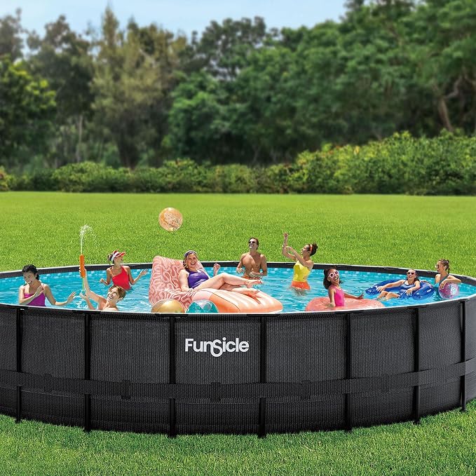 Funsicle 24' x 52" Oasis Swimming Pool Round Above Ground Outdoor Pool Set with Sand Filter Pump, Cover, and Maintenance Kit, Dark Chevron Rattan