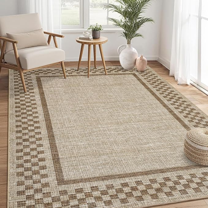 GarveeHome Area Rug 9x12 Living Room Rug Washable Checkered Area Rugs | Bordered Soft Large Rugs for Bedroom Dining Room Throw Carpet Non Slip Stain Resistant Geometric Rugs for Home Office, Taupe