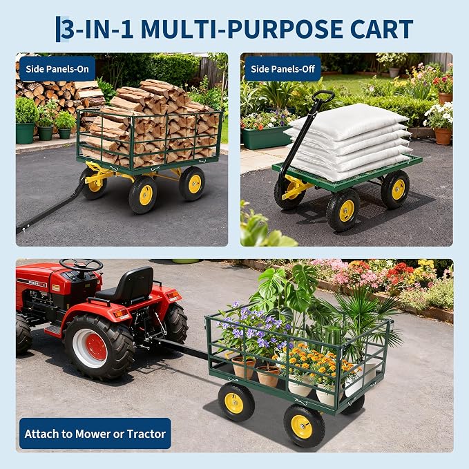 Garvee 1500 LB Garden Dump Cart with 13 in All Terrain Tires, 3-in-1 Yard Wagon Cart with Removable Side Panels, Heavy Duty Outdoor Metal Utility Wagon Yard Trailer for Outdoor Lawn, Yard, Backyard