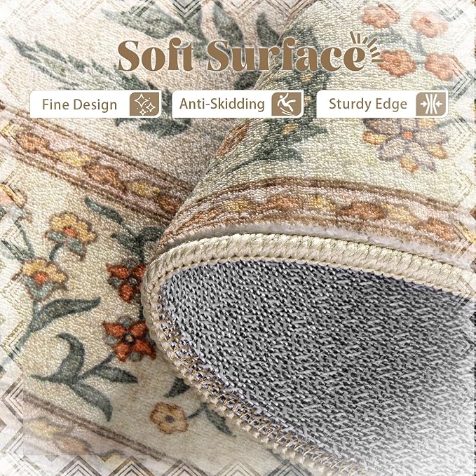 Living Room Rugs 8x10: Washable Boho Rug Farmhouse Non Slip Stain Resistant Large Rug Low Pile Soft Carpet for Bedroom Dining Room Children Room (Cream Animal,8'x10')